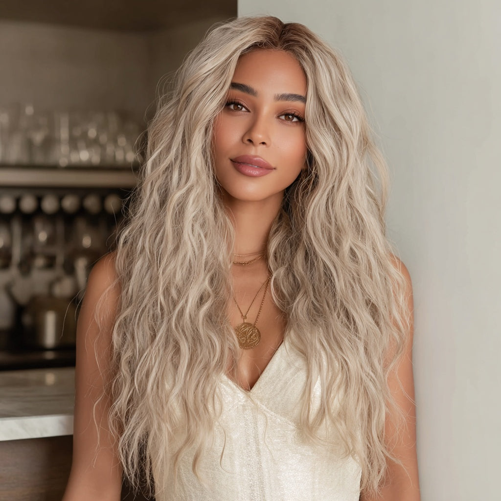European And American Fashion T-shaped Lace Front Wig Gray Gradient Wavy Curly Hair Wig For Women SM9017