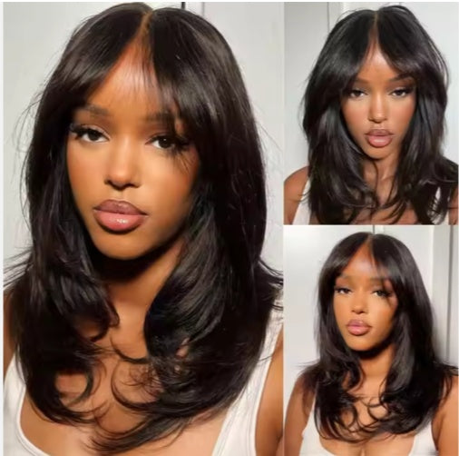 Wholesale Pre Cut Lace Wavy Layer Cut Glueless Wig With Curtain Bangs Human Hair Wig For Black Women