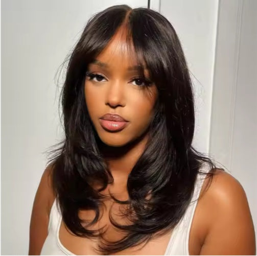 Wholesale Pre Cut  Lace Wavy Layer Cut Glueless Wig With Curtain Bangs Human Hair Wig For Black Women