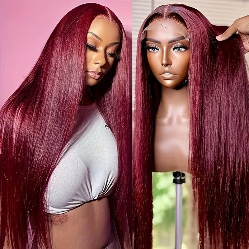 High Temperature Resistant Burgundy Long Straight Lace Non-toxic Wig, Pre-dial Hairline, Non-adhesive, Heat-resistant Synthetic Fiber,