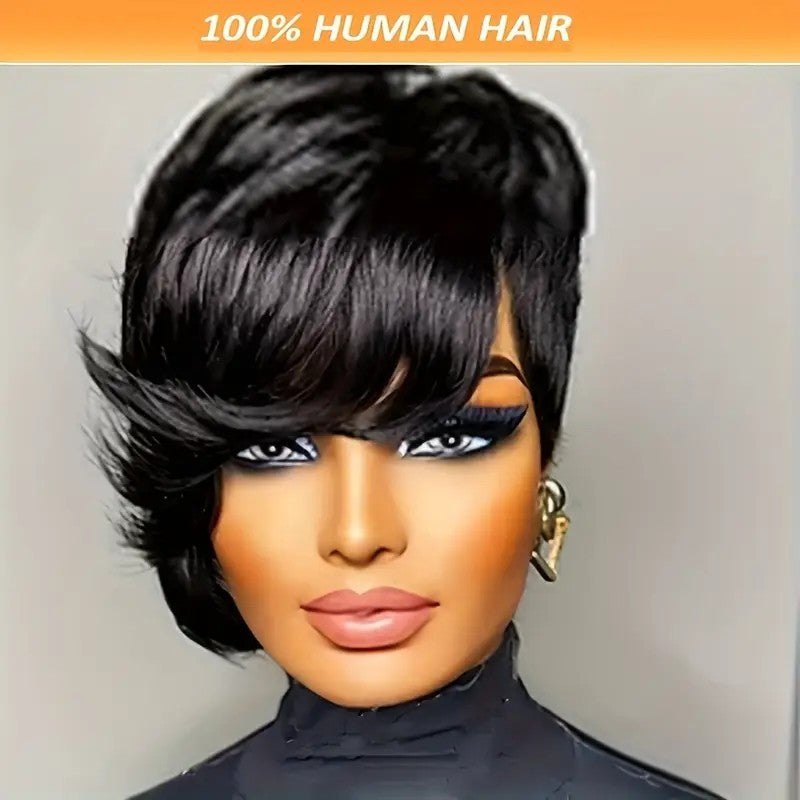 Straight Black Elegant 8 PixieCut Wig For Women -Glueless Human Hairwith Long Bangs, Everyday Style Wig L SleekShort Wig   Wig Accessories