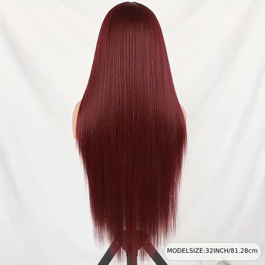 High Temperature Resistant Burgundy Long Straight Lace Non-toxic Wig, Pre-dial Hairline, Non-adhesive, Heat-resistant Synthetic Fiber,