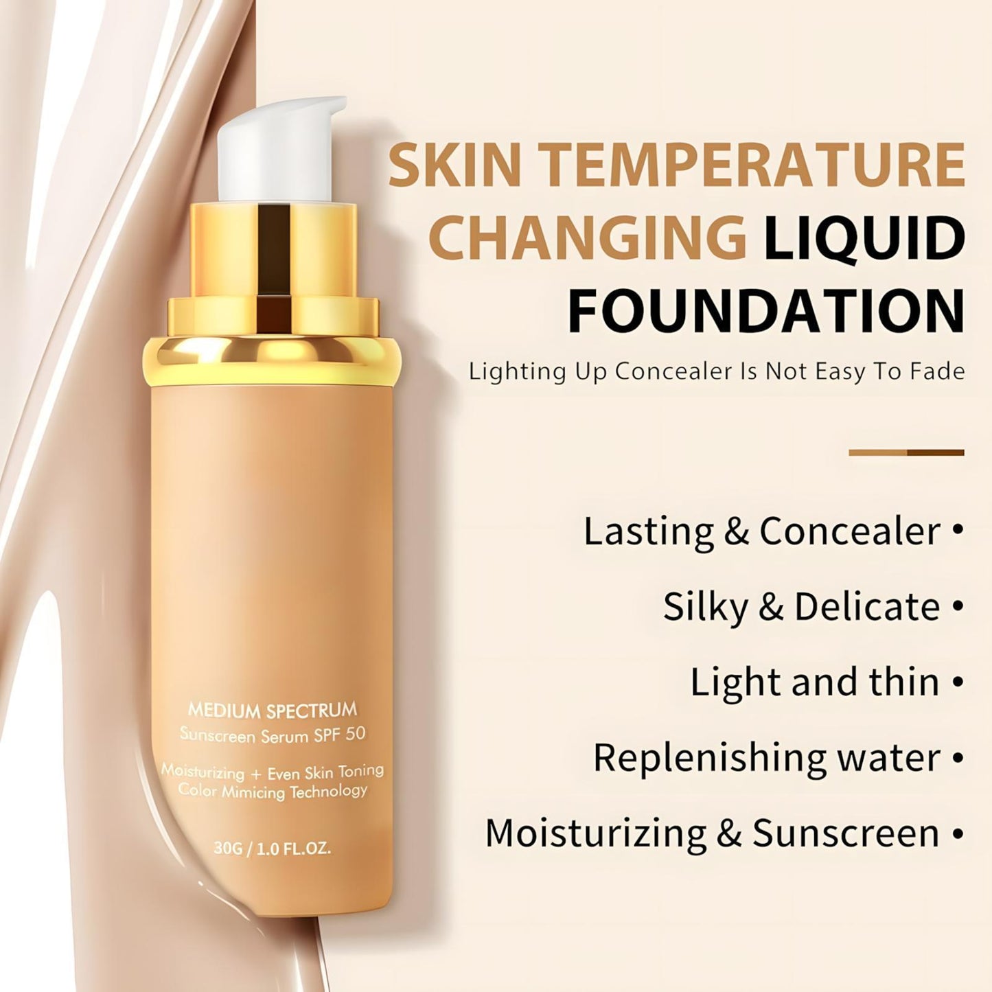 4-in-1 Natural Liquid Foundation, Medium Spectrum, SPF 50 Foundation Sunscreen - Full Coverage Liquid Foundation Waterproof Concealer