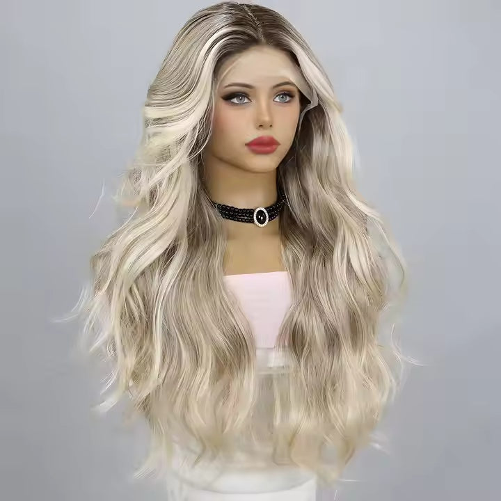 European And American Fashion T-shaped Lace Gold Gradient Wavy Curly Hair Wigs Shipped From Warehouse