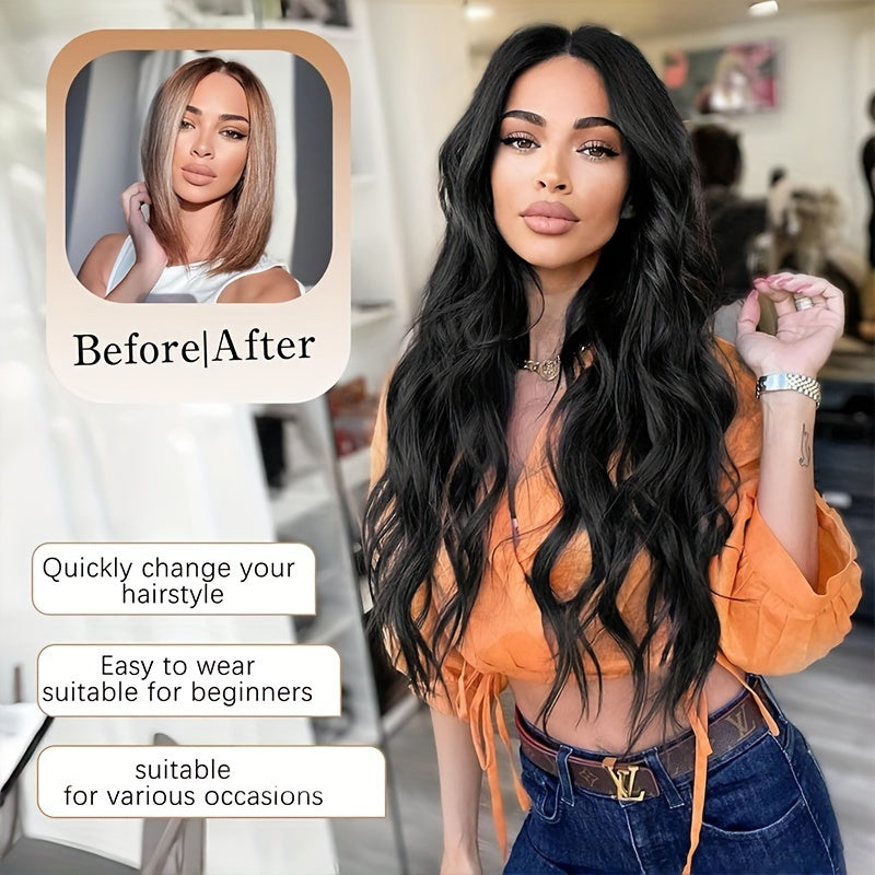 26 Inch Women's Black Long Wave Non-toxic Wig, Small Lace Heat-resistant Synthetic Wig, Natural Wig Suitable For The Whole Scene